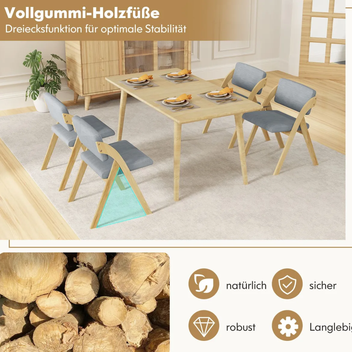 2er Set Esszimmerstühle mit Gummiholzbeinen & Gepolsterter Sitz Klappbarer Küchenstuhl Beistellstuhl