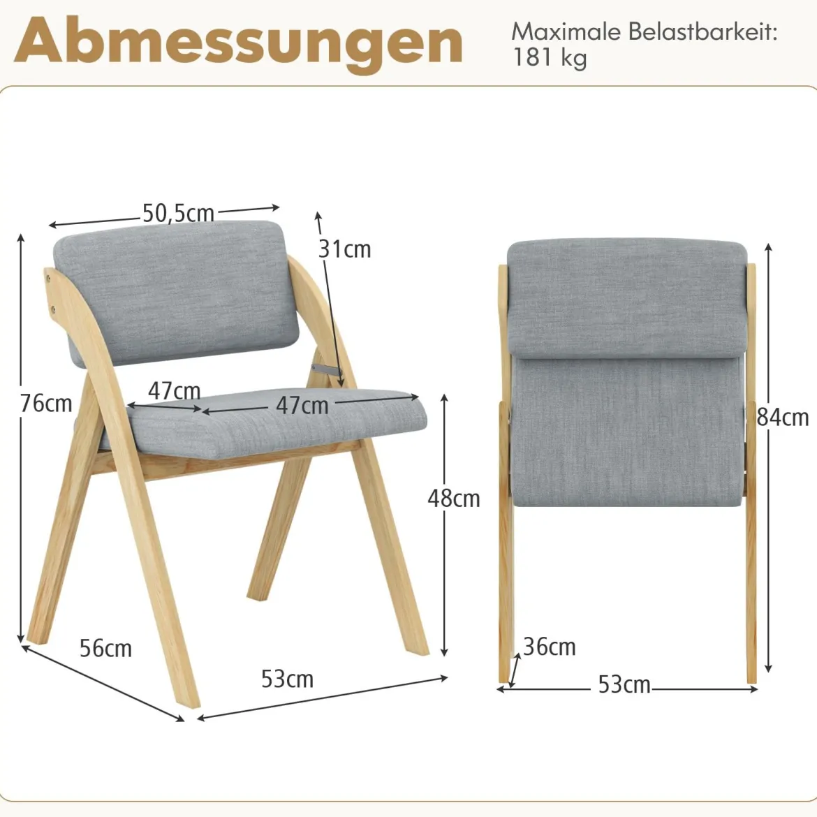2er Set Esszimmerstühle mit Gummiholzbeinen & Gepolsterter Sitz Klappbarer Küchenstuhl Beistellstuhl