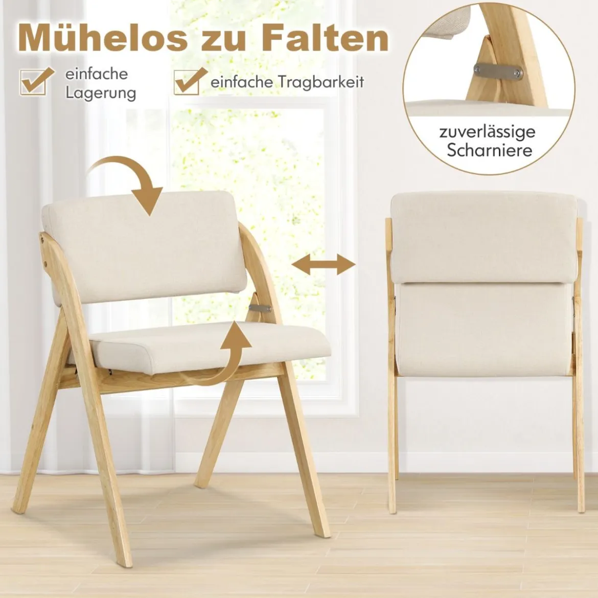 2er Set Esszimmerstühle mit Gummiholzbeinen & Gepolsterter Sitz Klappbarer Küchenstuhl Beistellstuhl