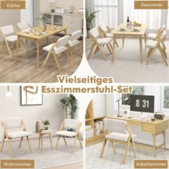 2er Set Esszimmerstühle mit Gummiholzbeinen & Gepolsterter Sitz Klappbarer Küchenstuhl Beistellstuhl