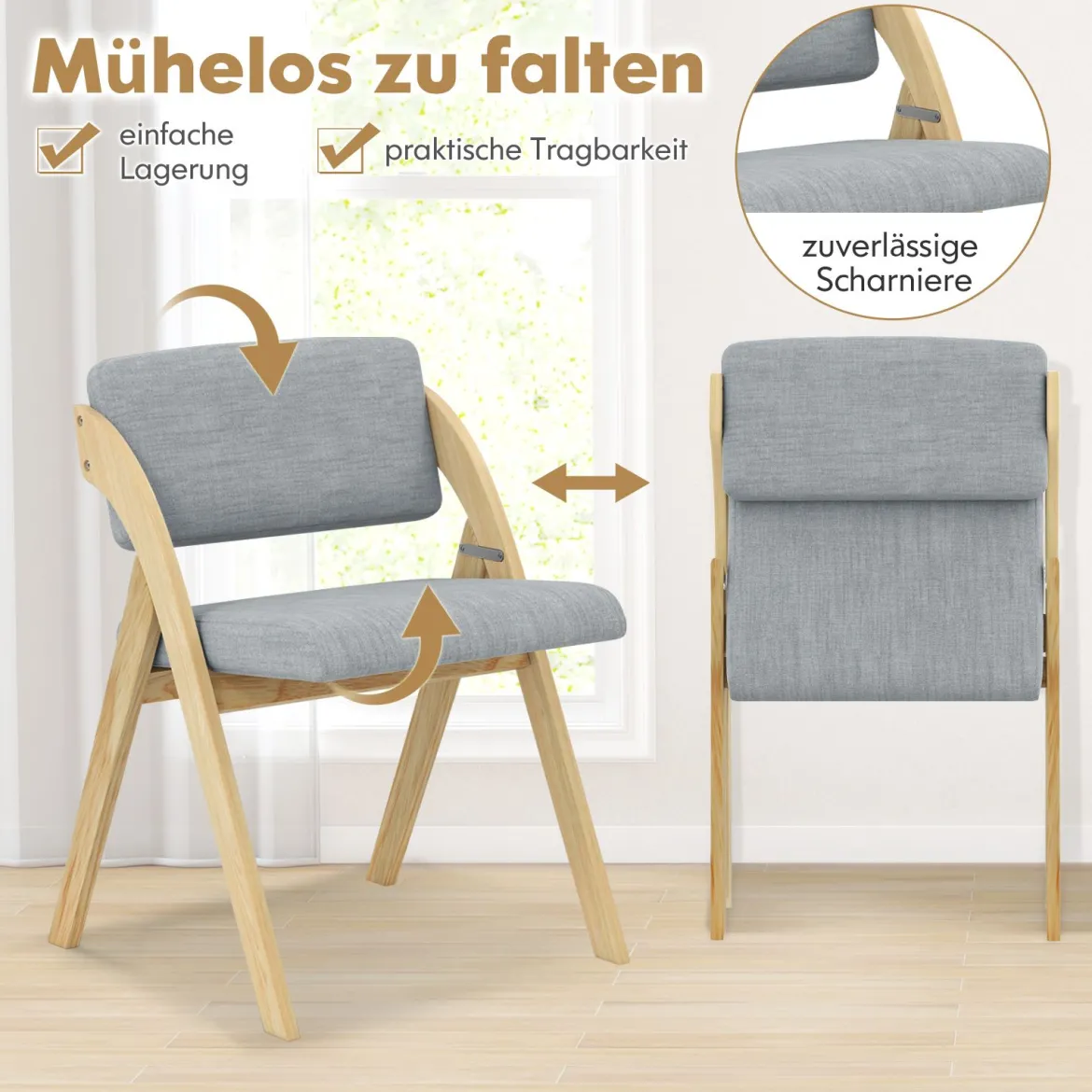 2er Set Esszimmerstühle mit Gummiholzbeinen & Gepolsterter Sitz Klappbarer Küchenstuhl Beistellstuhl