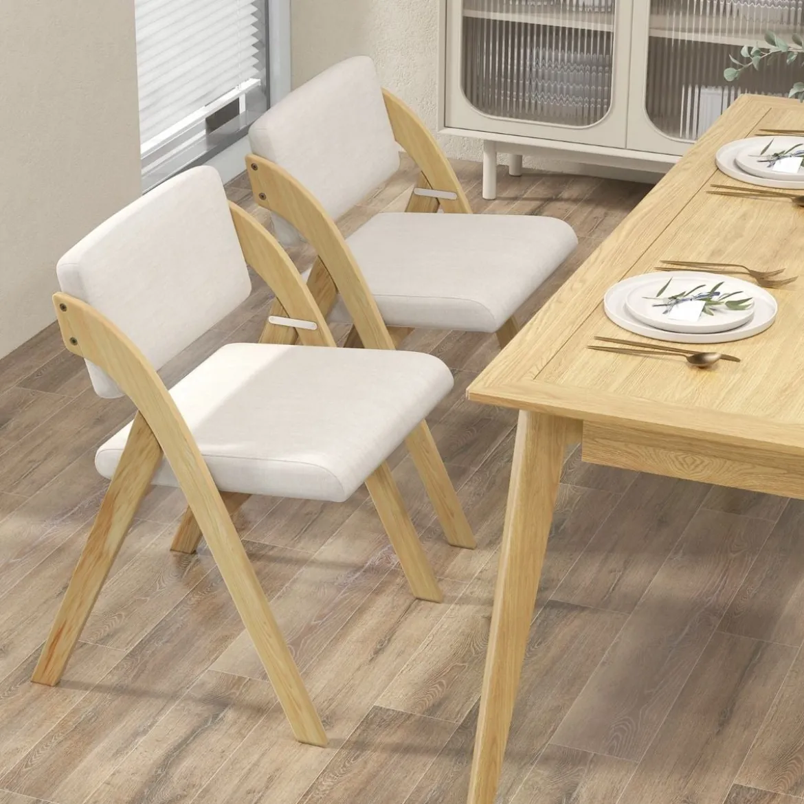 2er Set Esszimmerstühle mit Gummiholzbeinen & Gepolsterter Sitz Klappbarer Küchenstuhl Beistellstuhl