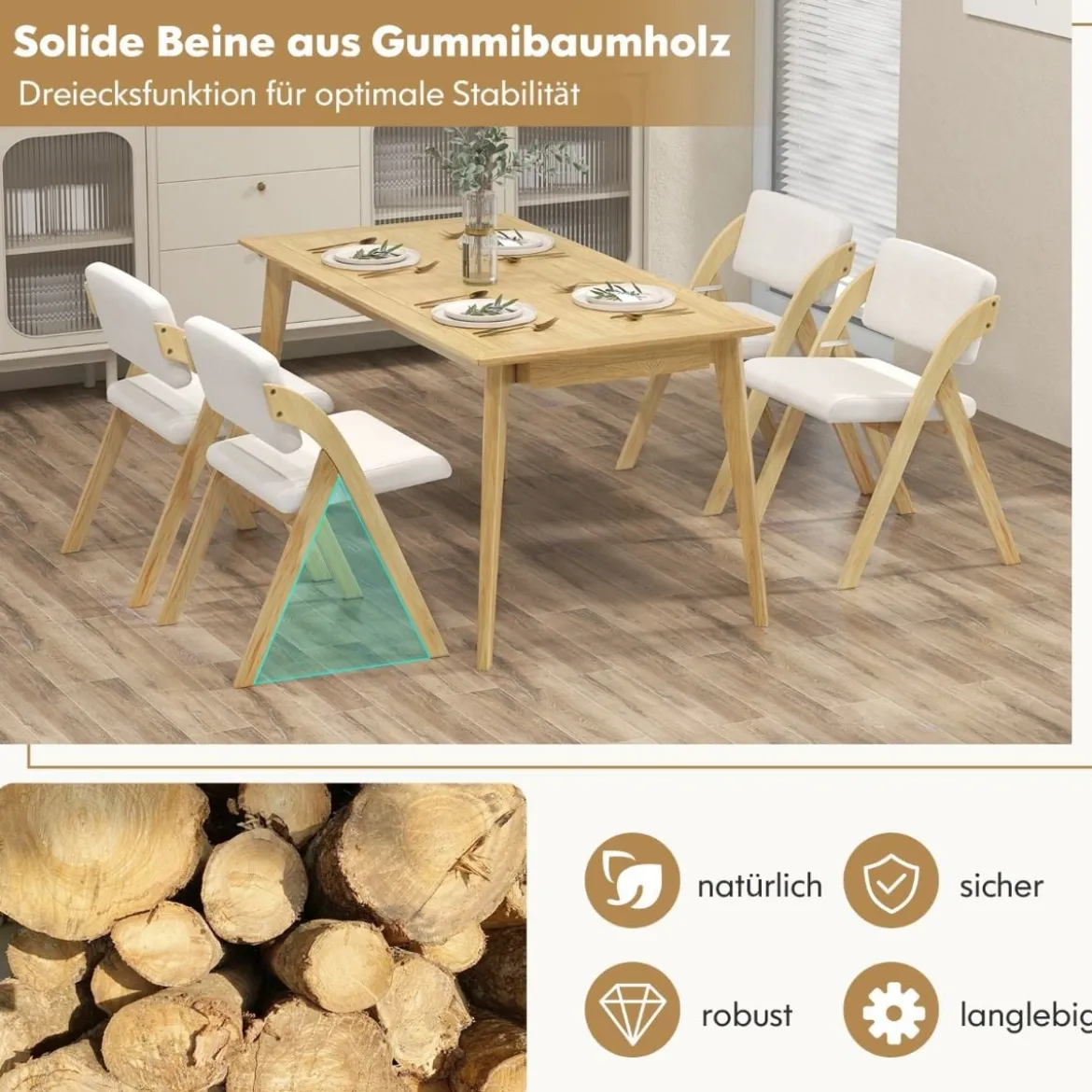 2er Set Esszimmerstühle mit Gummiholzbeinen & Gepolsterter Sitz Klappbarer Küchenstuhl Beistellstuhl