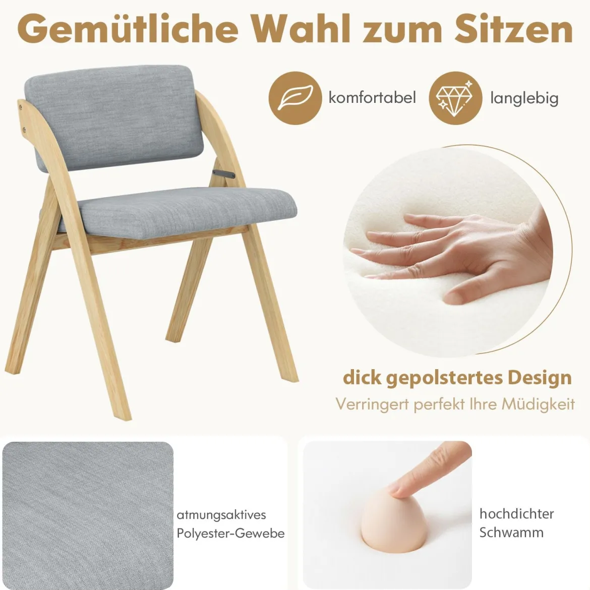 2er Set Esszimmerstühle mit Gummiholzbeinen & Gepolsterter Sitz Klappbarer Küchenstuhl Beistellstuhl