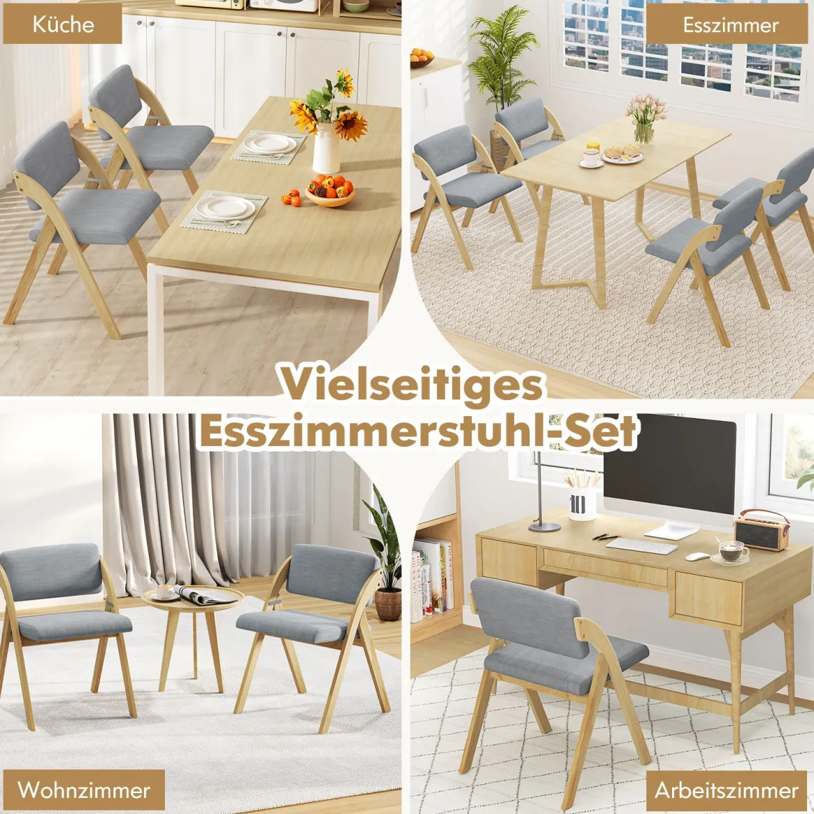 2er Set Esszimmerstühle mit Gummiholzbeinen & Gepolsterter Sitz Klappbarer Küchenstuhl Beistellstuhl