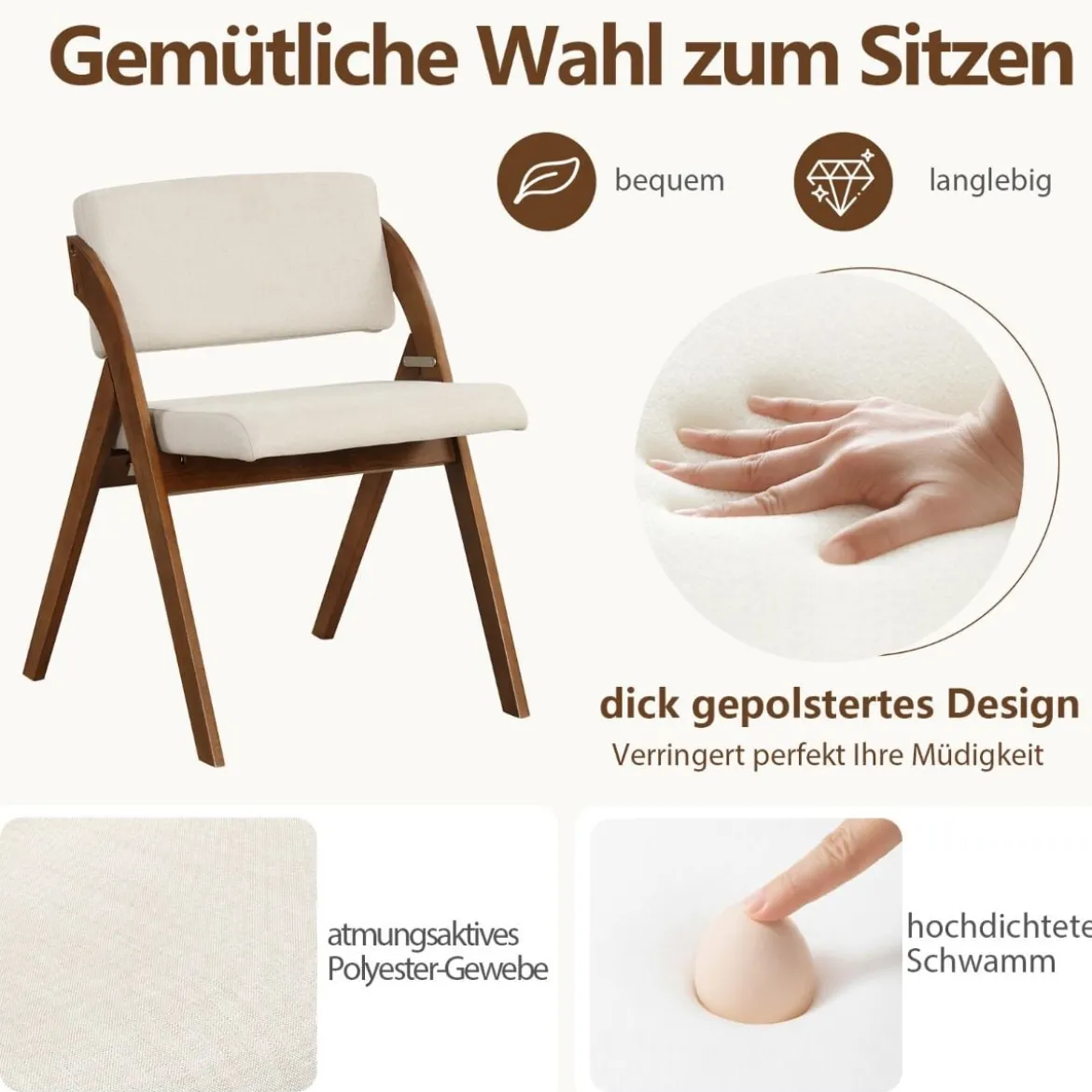 2er Set Esszimmerstühle mit Gummiholzbeinen & Gepolsterter Sitz Klappbarer Küchenstuhl Beistellstuhl