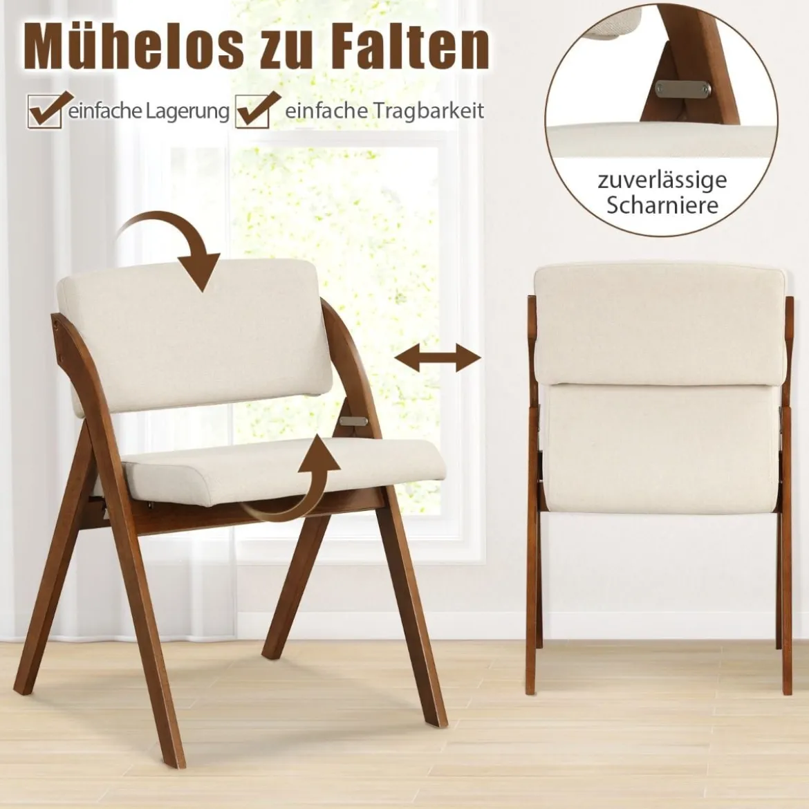 2er Set Esszimmerstühle mit Gummiholzbeinen & Gepolsterter Sitz Klappbarer Küchenstuhl Beistellstuhl