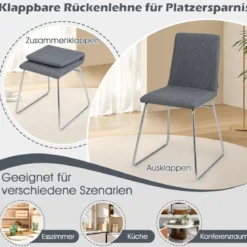 2er Set Esszimmerstühle mit Klappbarer Rückenlehne & Metallrahmen Gepolsterter Küchenstuhl