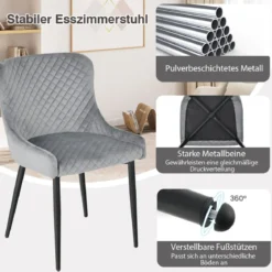2er Set Esszimmerstühle mit Rücklehne und Metallbeinen Polsterstuhl Grau