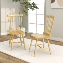 2er Set Esszimmerstühle Windsor Stuhl aus Holz mit Hoher Rückenlehne & Fußstütze Natur