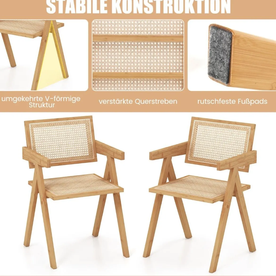 2er Set Esszimmerstuhl Küchenstuhl aus Bambus & simulierter Rattan 50 x 52 x 81 cm Natur