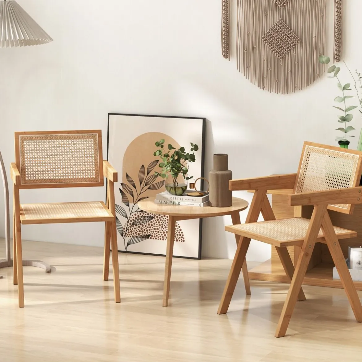 2er Set Esszimmerstuhl Küchenstuhl aus Bambus & simulierter Rattan 50 x 52 x 81 cm Natur