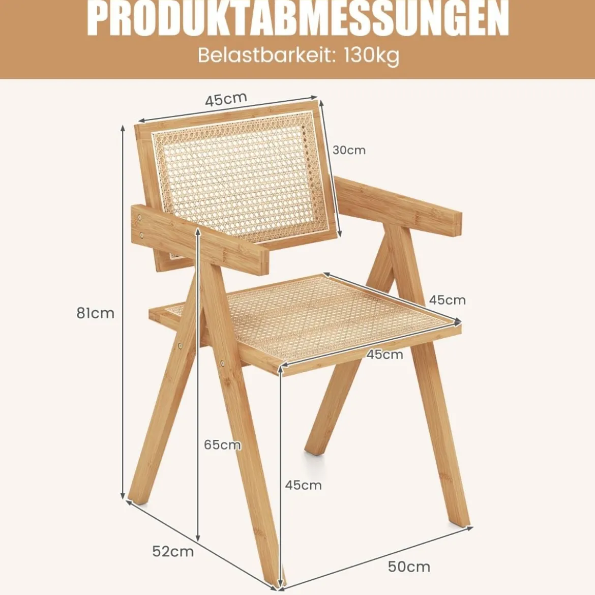 2er Set Esszimmerstuhl Küchenstuhl aus Bambus & simulierter Rattan 50 x 52 x 81 cm Natur