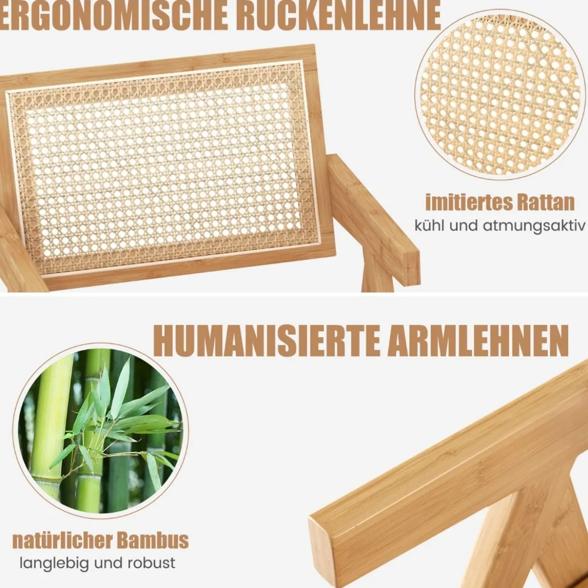 2er Set Esszimmerstuhl Küchenstuhl aus Bambus & simulierter Rattan 50 x 52 x 81 cm Natur