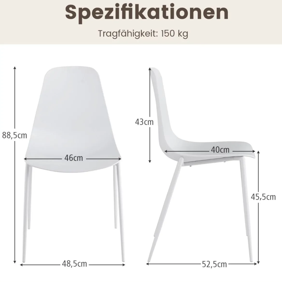 4er Set Esszimmerstuhl ohne Armlehnen mit Metallbeinen Moderne Küchenstühle Weiß