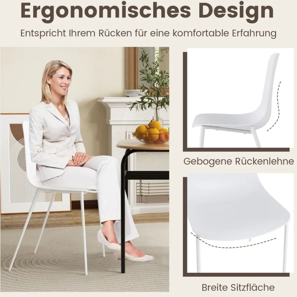 4er Set Esszimmerstuhl ohne Armlehnen mit Metallbeinen Moderne Küchenstühle Weiß