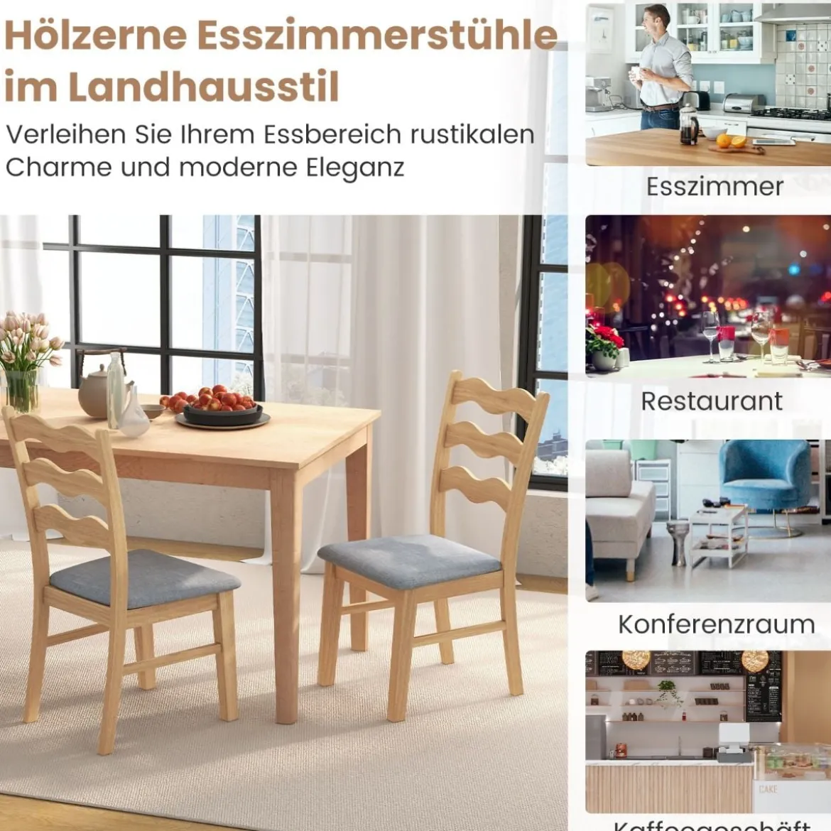 2er Set Esszimmerstuhl-Set mit Gepolsterter Sitzfläche & Gummibaumrahmen Akzentstühle