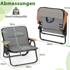 2er Set Faltbare Campingstühle mit Abnehmbarem Kissen & Seitentasche Klappstuhl Grau