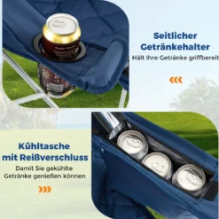 2er Set Faltbarer Campingstuhl mit Kühltasche & Getränkehalter 227KG Belastbar Gepolsterter Angelstuhl Navy