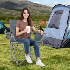 2er Set Faltbarer Campingstuhl mit Kühltasche & Getränkehalter 227KG Belastbar Gepolsterter Angelstuhl Grau