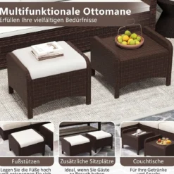 2er Set Fußhocker aus PE-Rattan Gartenhocker mit Abnehmbarem Sitzkissen Metallkonstruktion