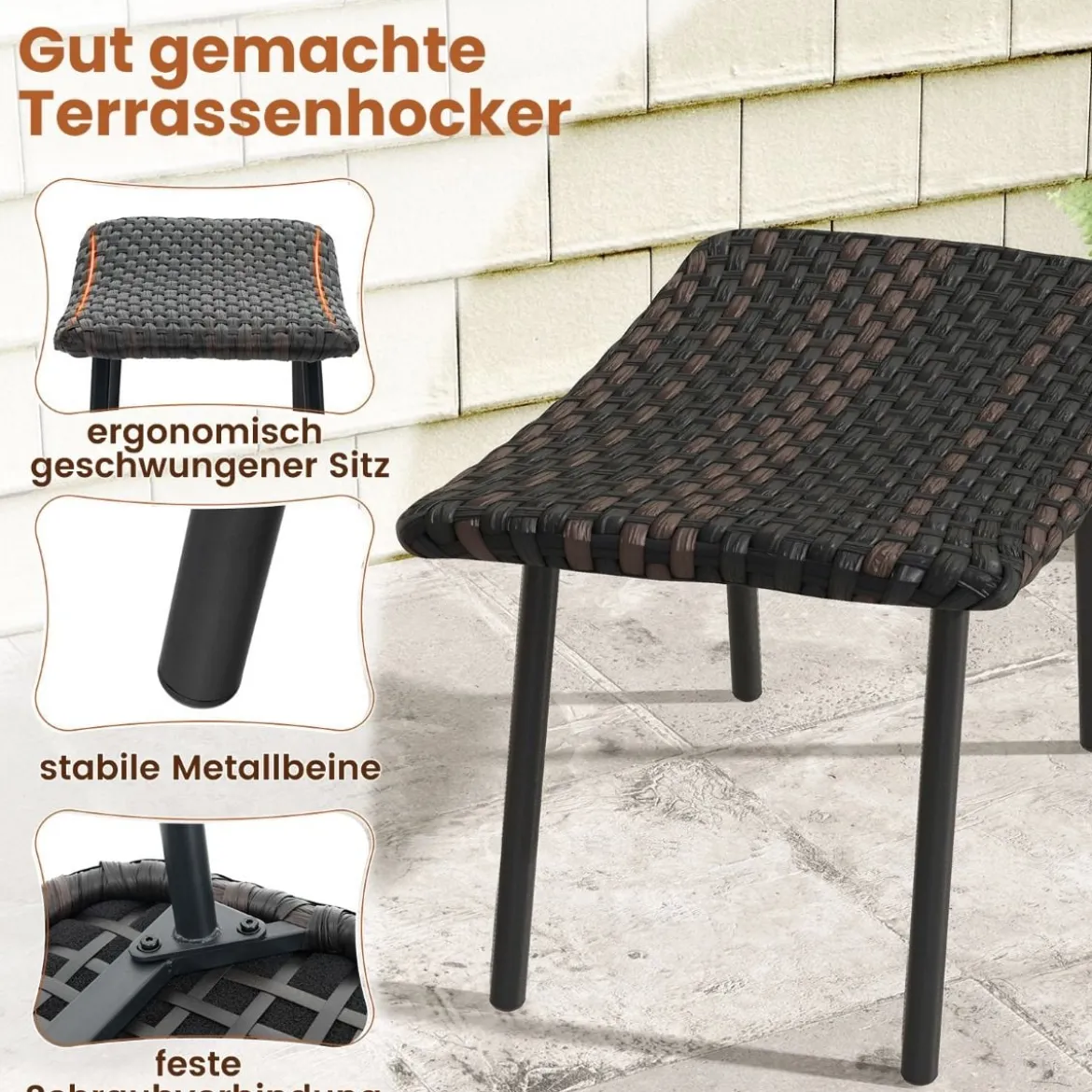 2er Set Fußhocker Rattan Sitzhocker mit schnelltrocknender Schaumstoffpolsterung