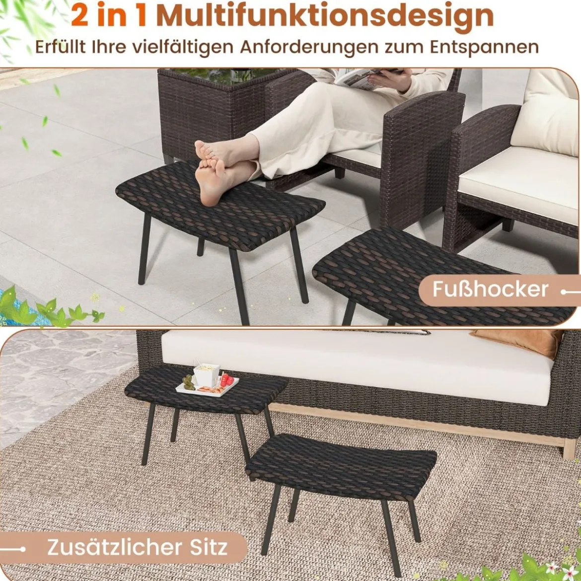 2er Set Fußhocker Rattan Sitzhocker mit schnelltrocknender Schaumstoffpolsterung