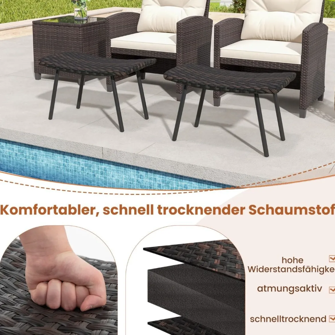 2er Set Fußhocker Rattan Sitzhocker mit schnelltrocknender Schaumstoffpolsterung