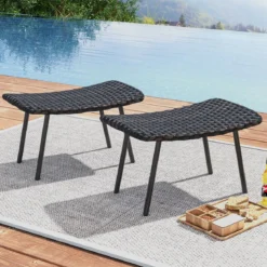 2er Set Fußhocker Rattan Sitzhocker mit schnelltrocknender Schaumstoffpolsterung
