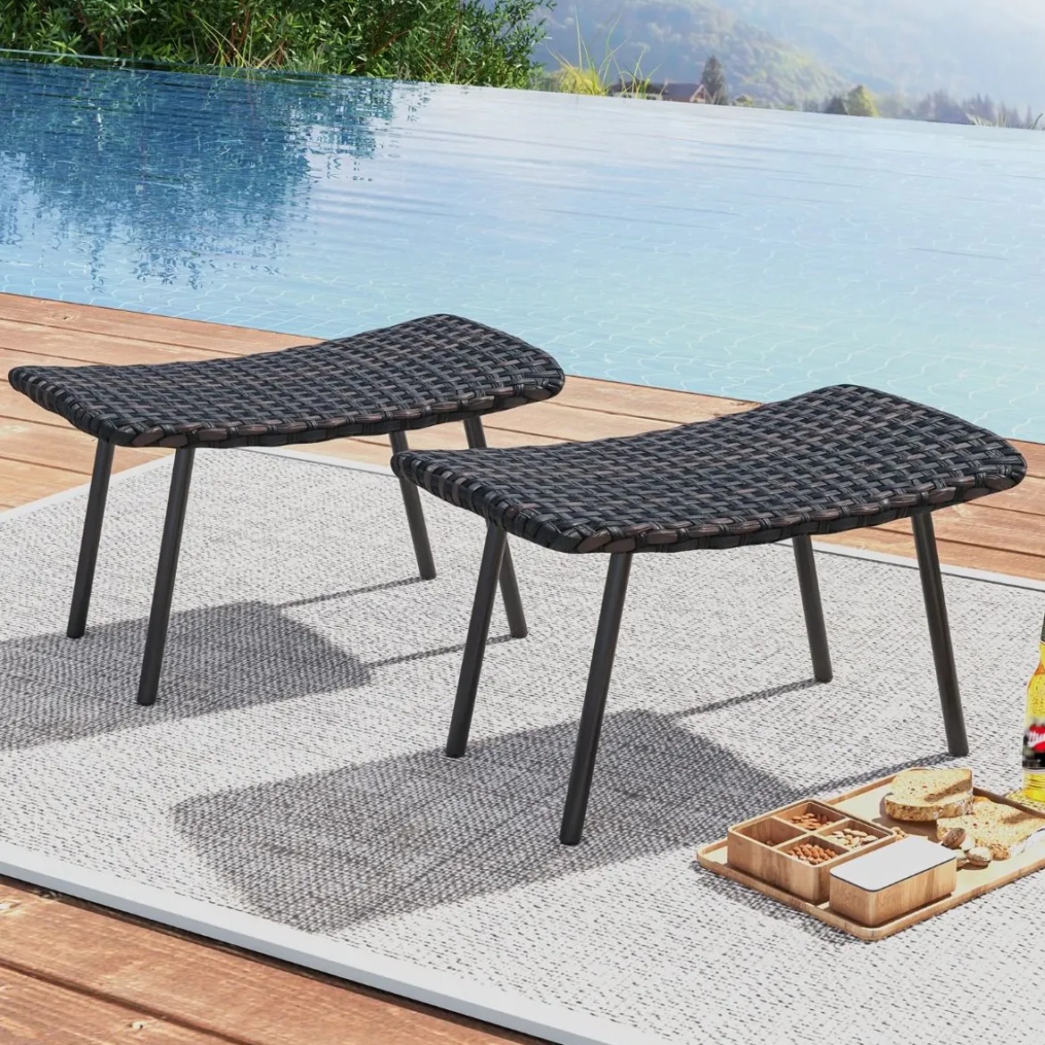 2er Set Fußhocker Rattan Sitzhocker mit schnelltrocknender Schaumstoffpolsterung