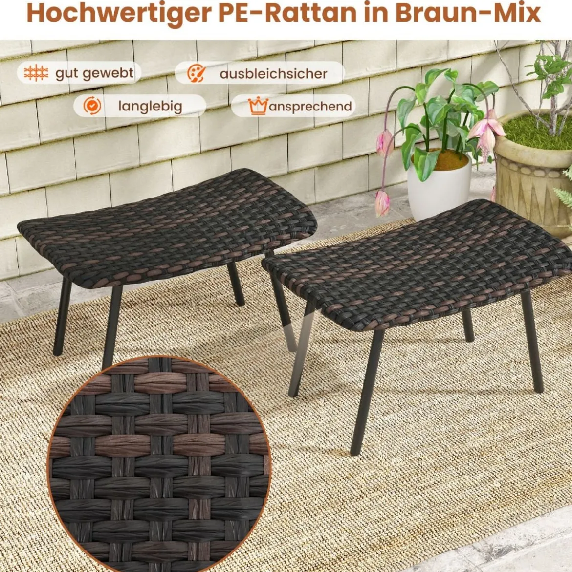 2er Set Fußhocker Rattan Sitzhocker mit schnelltrocknender Schaumstoffpolsterung