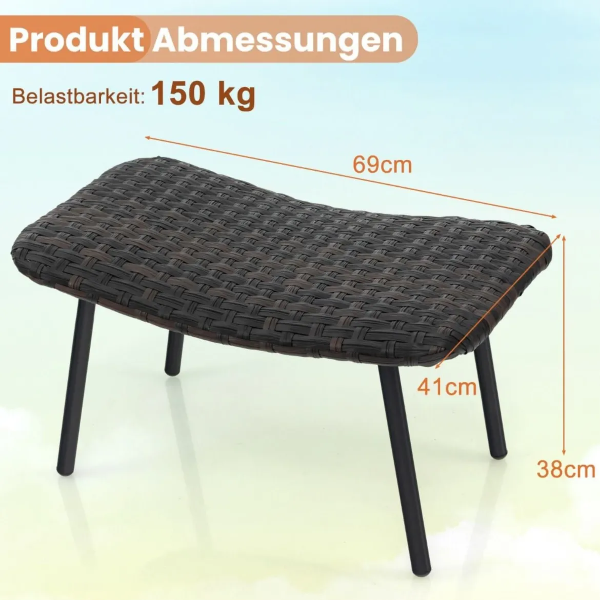 2er Set Fußhocker Rattan Sitzhocker mit schnelltrocknender Schaumstoffpolsterung