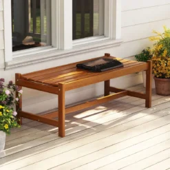 2er Set Gartenbank aus Holz Outdoor Holzbank mit Teaköl-Finish und Geschwungener Sitzfläche