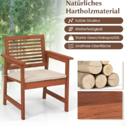 2er Set Garten Essstühle aus Massivholz mit Kissen & Armlehne Gartenstühle Gartensessel 61 x 61 x 81 cm