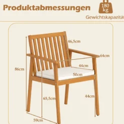 2er Set Garten Esszimmerstühle Outdoor Akazienholz Stühle mit abnehmbarem gepolstertem Kissen Natur