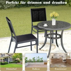 2er Set Gartenstühle Alu wetterfeste Terrassenstühle mit atmungsaktivem Sitz und Rückenlehn 60 x 45 x 87 cm Schwarz