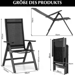 2er Set Gartenstühle Alu wetterfester Klappstuhl mit 7-Fach Verstellbarer Rückenlehne Schwarz