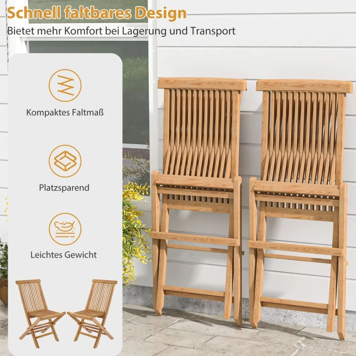 2er Set Gartenstühle aus Teakholz Klappstühle mit hoher Rückenlehne 61 x 47 x 89,5 cm Natur