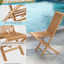2er Set Gartenstühle aus Teakholz Klappstühle mit hoher Rückenlehne 61 x 47 x 89,5 cm Natur