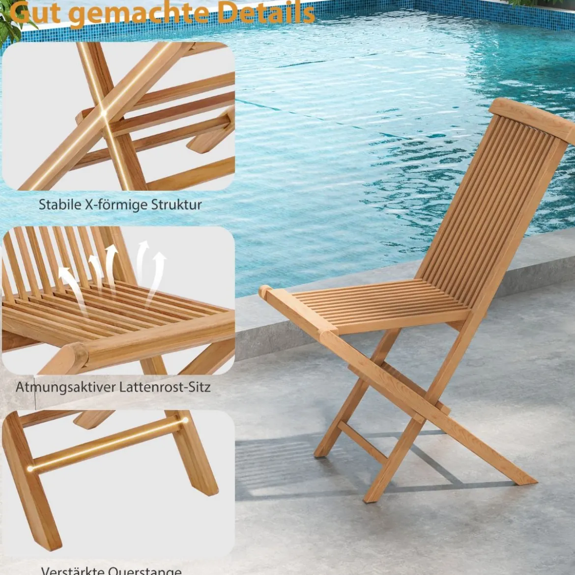2er Set Gartenstühle aus Teakholz Klappstühle mit hoher Rückenlehne 61 x 47 x 89,5 cm Natur