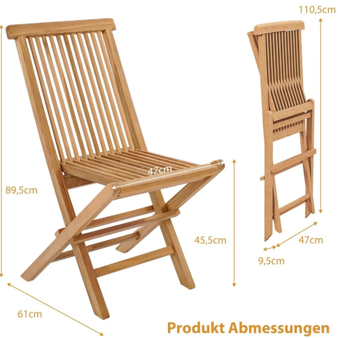 2er Set Gartenstühle aus Teakholz Klappstühle mit hoher Rückenlehne 61 x 47 x 89,5 cm Natur
