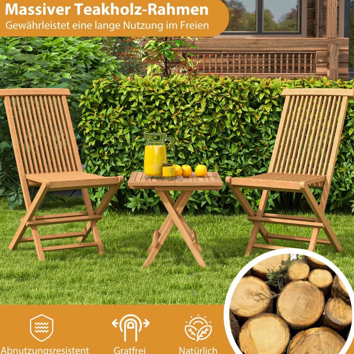 2er Set Gartenstühle aus Teakholz Klappstühle mit hoher Rückenlehne 61 x 47 x 89,5 cm Natur
