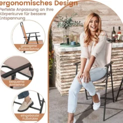 2er Set Gartenstühle hohe Klappstühle mit Fußstütze Sitzhöhe 63 cm Beige + Metall