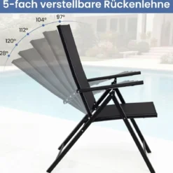 2er-Set Gartenstühle klappbarer Balkonstuhl mit 5-fach verstellbarer Rückenlehne & Armlehnen Schwarz