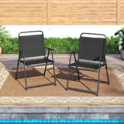 2er Set Gartenstühle klappbar Klappstühle Balkonstühle mit Armlehnen Schwarz