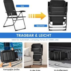 2er Set Gartenstühle Klappstühle mit 7-Fach Verstellbarer Rückenlehne 76 x 60 x 103,5 cm Schwarz