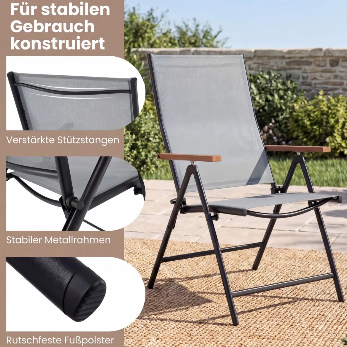 2er Set Gartenstühle mit 5-Fach Verstellbarer Rückenlehne Klappbare Balkonstühle bis 150 kg Grau