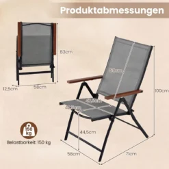 2er Set Gartenstühle mit 5-Fach Verstellbarer Rückenlehne Klappbare Balkonstühle bis 150 kg Grau
