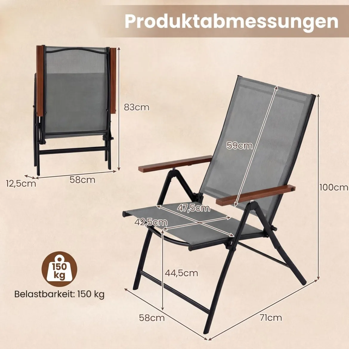 2er Set Gartenstühle mit 5-Fach Verstellbarer Rückenlehne Klappbare Balkonstühle bis 150 kg Grau