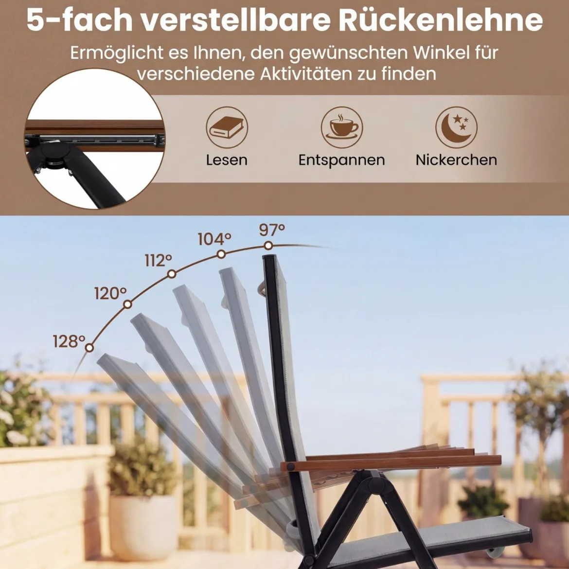 2er Set Gartenstühle mit 5-Fach Verstellbarer Rückenlehne Klappbare Balkonstühle bis 150 kg Grau